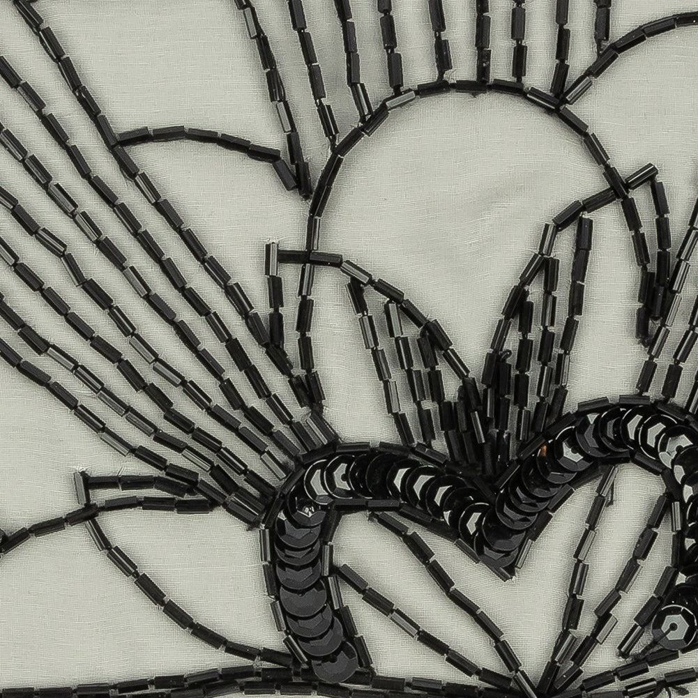 Vintage Black Floral Lines Right Glass Beaded Sheer Panel Applique - 7.5" x 6.75" Detail Vintage Black Floral Lines Right Glass Beaded Sheer Panel Applique - 7.5" x 6.75" Detail