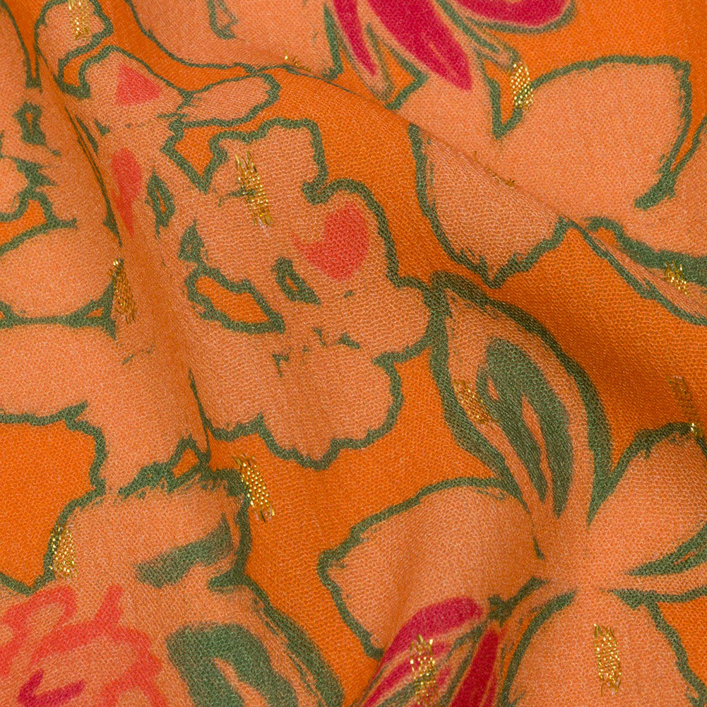 Crinkled Viscose Crepe Print with Metallic Dots - Orange Floral - Mood Exclusive Tree Line Trove Folded Crinkled Viscose Crepe Print with Metallic Dots - Orange Floral - Mood Exclusive Tree Line Trove Folded