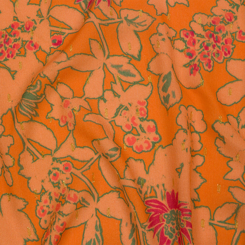 Crinkled Viscose Crepe Print with Metallic Dots - Orange Floral - Mood Exclusive Tree Line Trove Crinkled Viscose Crepe Print with Metallic Dots - Orange Floral - Mood Exclusive Tree Line Trove