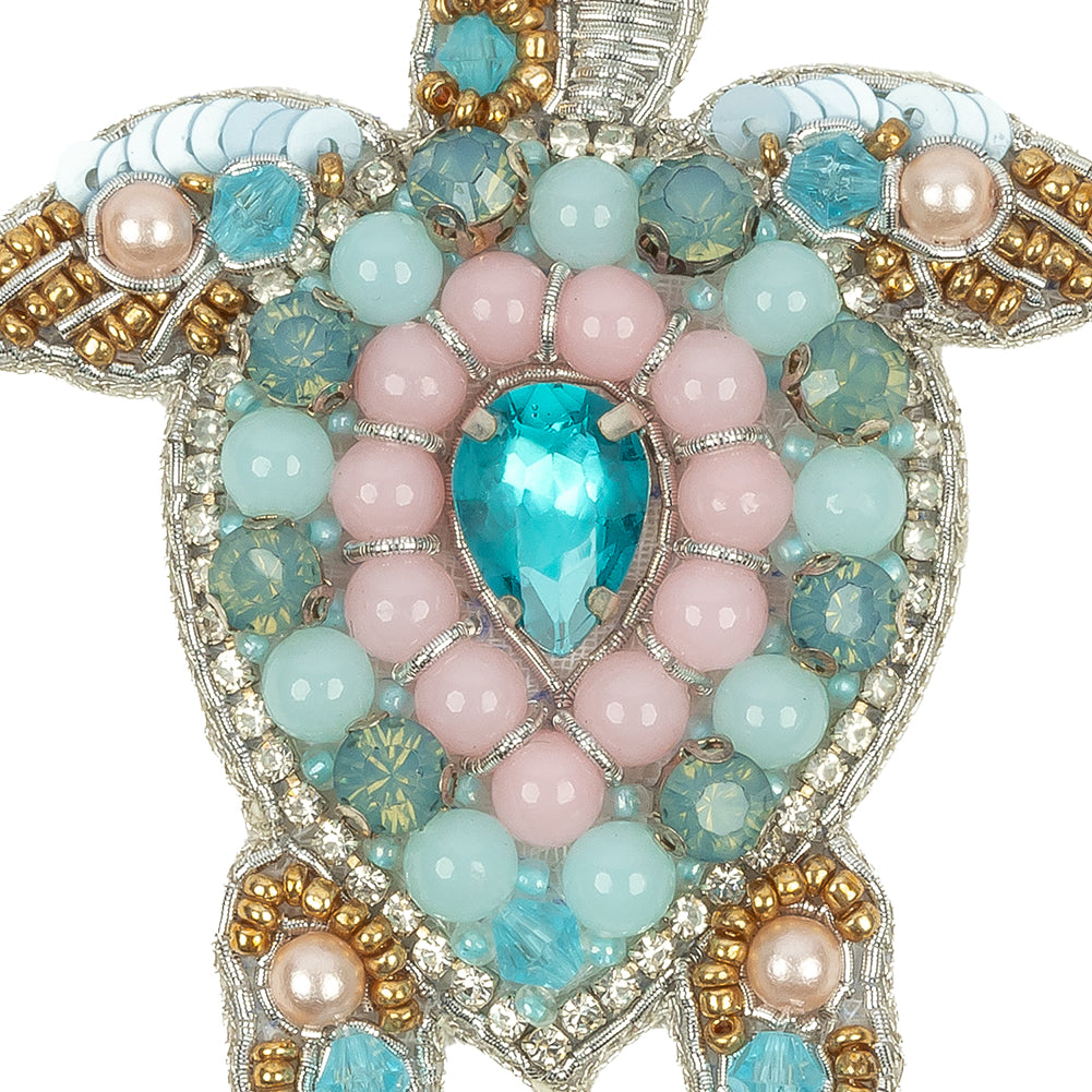 Silver, Baby Blue and Pale Pink Sea Turtle Rhinestone and Glass Beaded Applique - 2.75" x 2.625" Detail Silver, Baby Blue and Pale Pink Sea Turtle Rhinestone and Glass Beaded Applique - 2.75" x 2.625" Detail