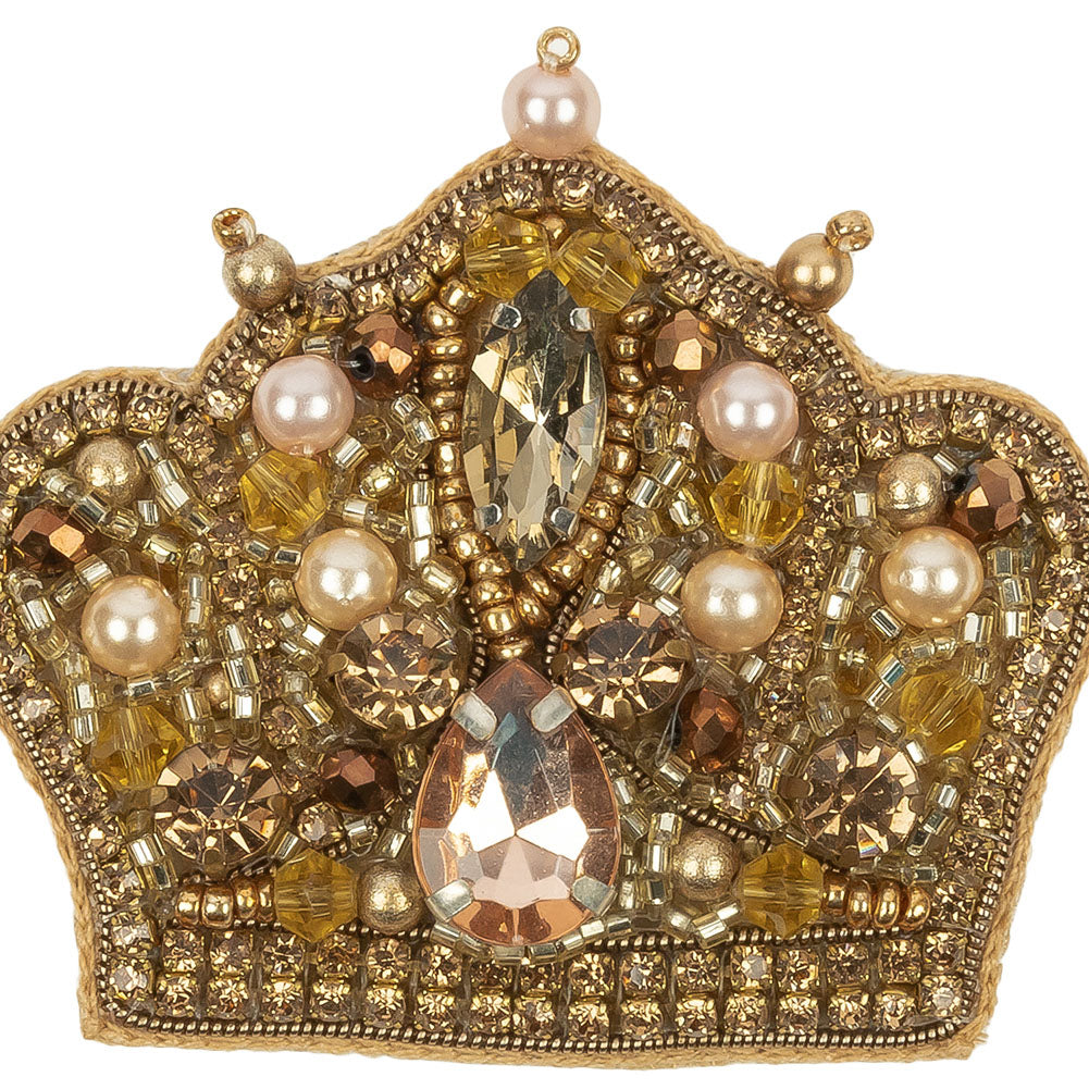 Gold and Pinkish Beige Crown Rhinestone and Glass Beaded Applique - 2" x 2.25" Detail Gold and Pinkish Beige Crown Rhinestone and Glass Beaded Applique - 2" x 2.25" Detail