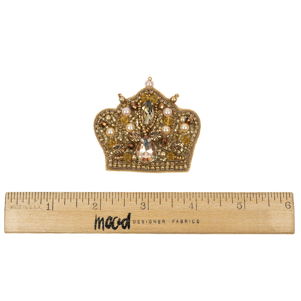 Gold and Pinkish Beige Crown Rhinestone and Glass Beaded Applique - 2" x 2.25" Full Gold and Pinkish Beige Crown Rhinestone and Glass Beaded Applique - 2" x 2.25" Full