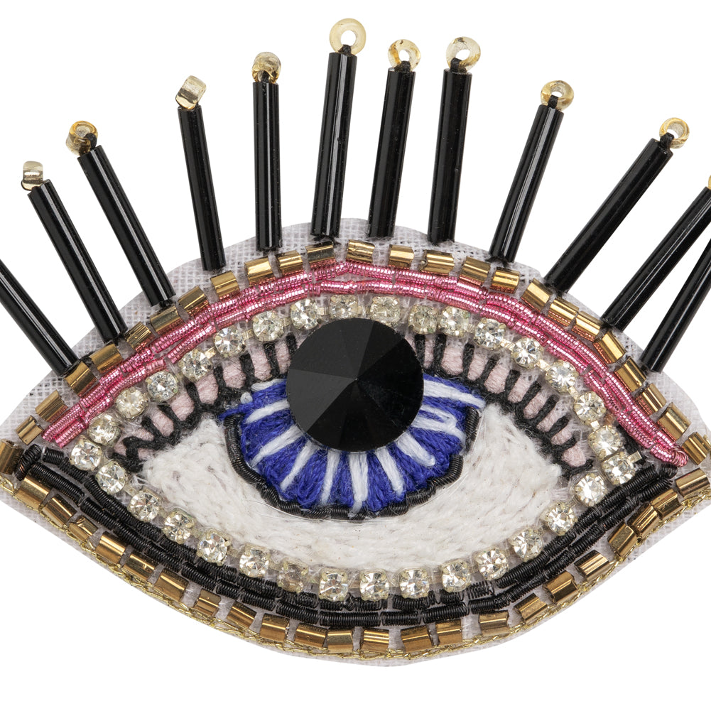 Gold, Pink and Blue Decorated Eye Embroidered Rhinestone and Glass Beaded Applique - 2" x 2.375" Detail Gold, Pink and Blue Decorated Eye Embroidered Rhinestone and Glass Beaded Applique - 2" x 2.375" Detail