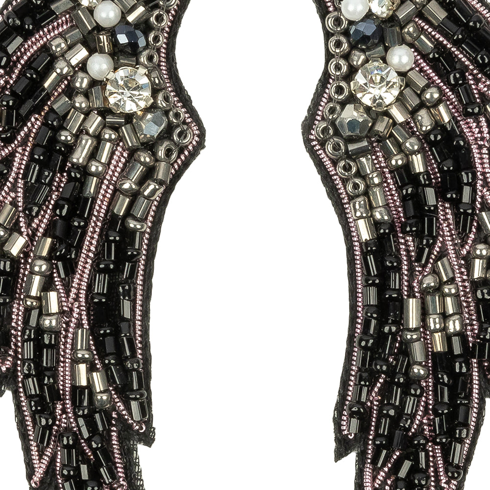 Gunmetal, Black and Pink Wings Rhinestone and Glass Beaded Applique - 3.125" x 1.125" Detail Gunmetal, Black and Pink Wings Rhinestone and Glass Beaded Applique - 3.125" x 1.125" Detail