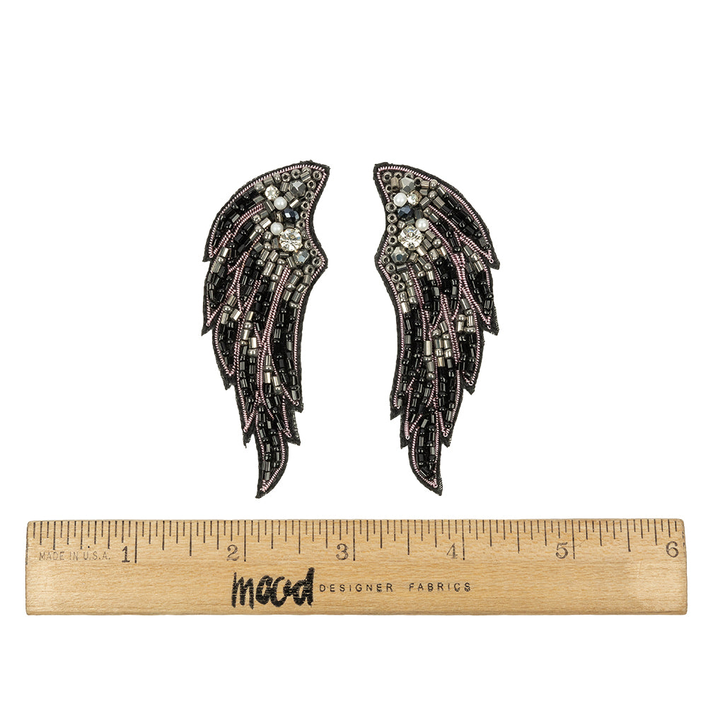 Gunmetal, Black and Pink Wings Rhinestone and Glass Beaded Applique - 3.125" x 1.125" Full Gunmetal, Black and Pink Wings Rhinestone and Glass Beaded Applique - 3.125" x 1.125" Full