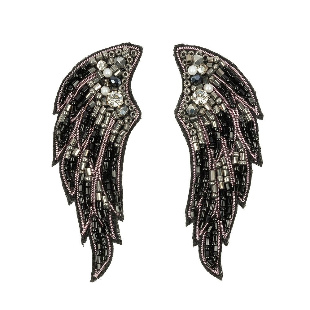 Gunmetal, Black and Pink Wings Rhinestone and Glass Beaded Applique - 3.125" x 1.125" Gunmetal, Black and Pink Wings Rhinestone and Glass Beaded Applique - 3.125" x 1.125"