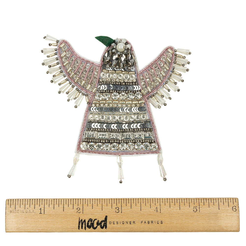 Silver and Pink Geometric Bird Rhinestone and Glass Beaded Applique - 3.875" x 4" Full Silver and Pink Geometric Bird Rhinestone and Glass Beaded Applique - 3.875" x 4" Full