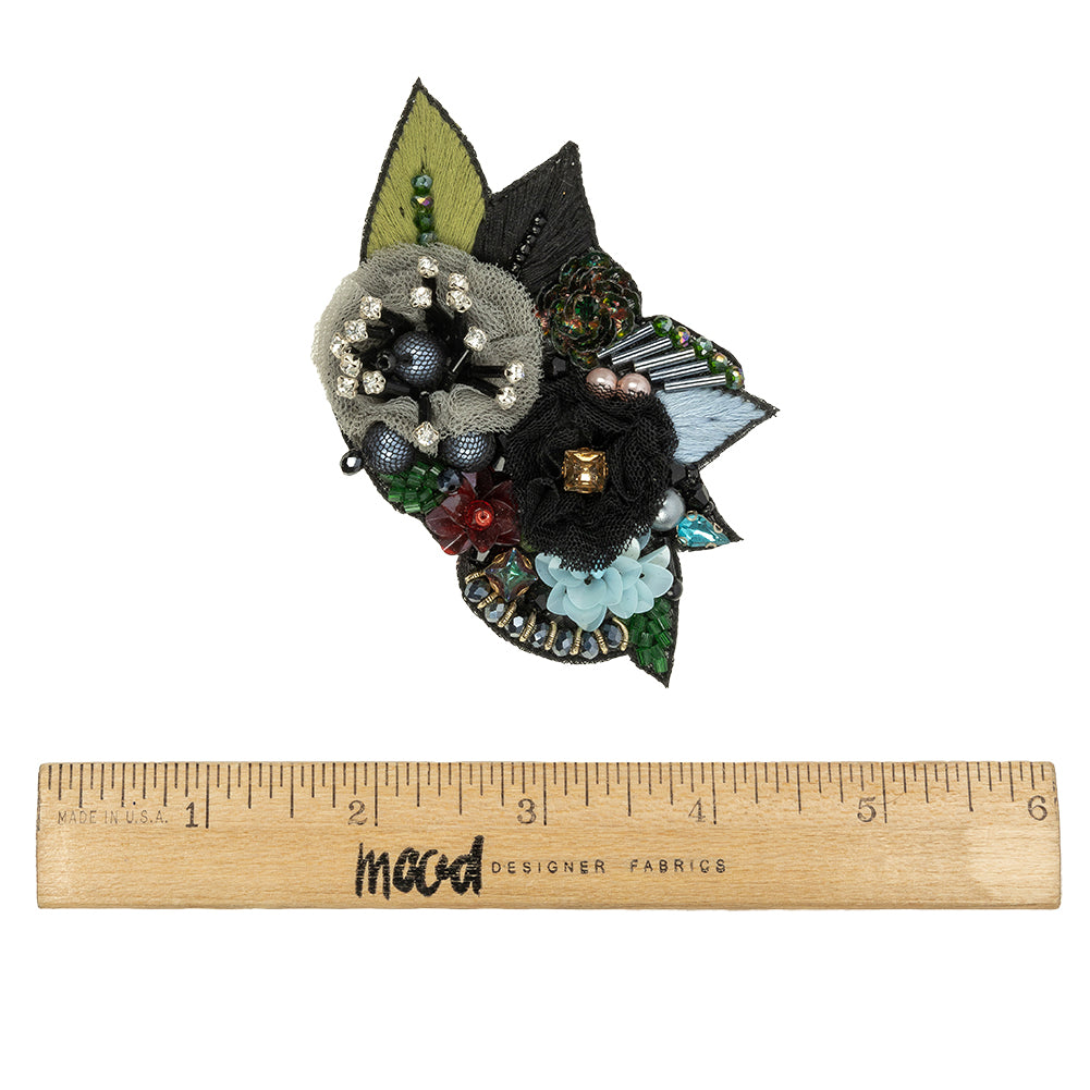 Blue, Gray and Green Fabric Flowers, Rhinestone and Glass Beaded Applique - 2.5" x 3.875" Full Blue, Gray and Green Fabric Flowers, Rhinestone and Glass Beaded Applique - 2.5" x 3.875" Full