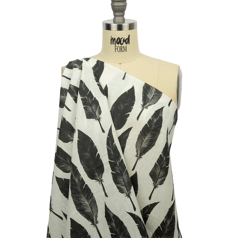 Black and White Feather Array Medium Weight Linen Woven - Drape Black and White Feather Array Medium Weight Linen Woven - Drape