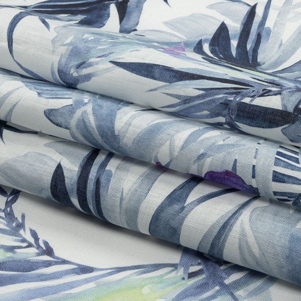 Blue Palm Fronds Medium Weight Linen Woven Blue Palm Fronds Medium Weight Linen Woven
