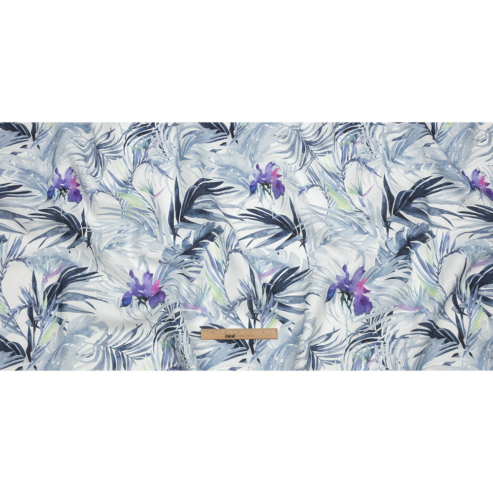 Blue Palm Fronds Medium Weight Linen Woven Blue Palm Fronds Medium Weight Linen Woven
