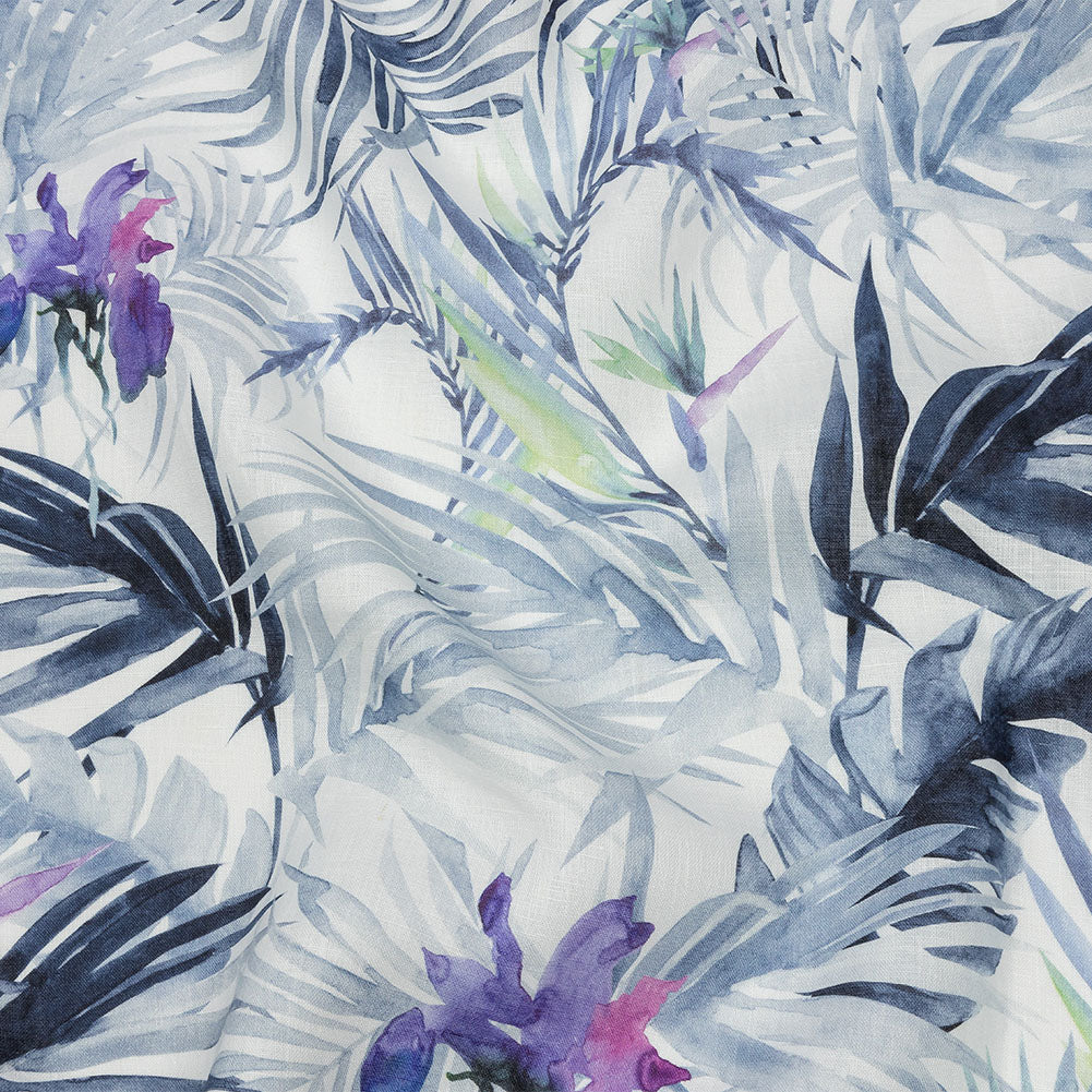 Blue Palm Fronds Medium Weight Linen Woven Blue Palm Fronds Medium Weight Linen Woven