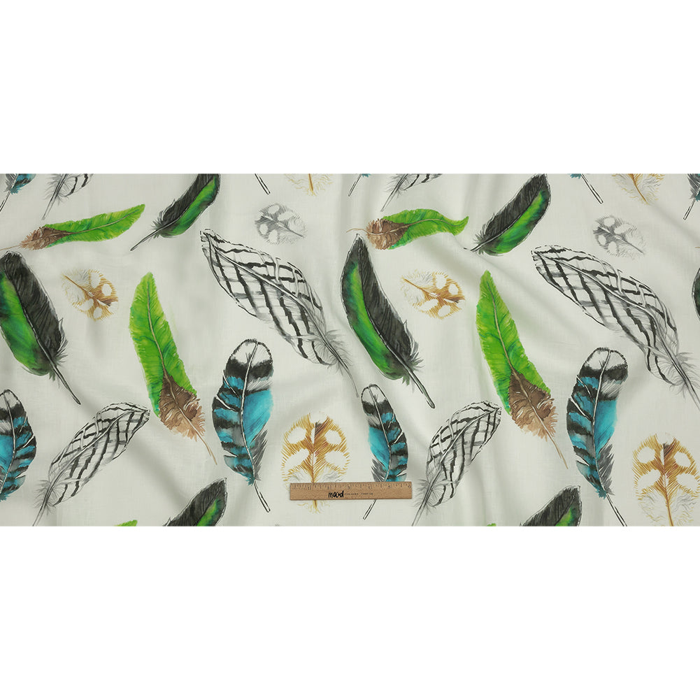 Blue, Green and Black Scattered Feathers Medium Weight Linen Woven - Full Blue, Green and Black Scattered Feathers Medium Weight Linen Woven - Full