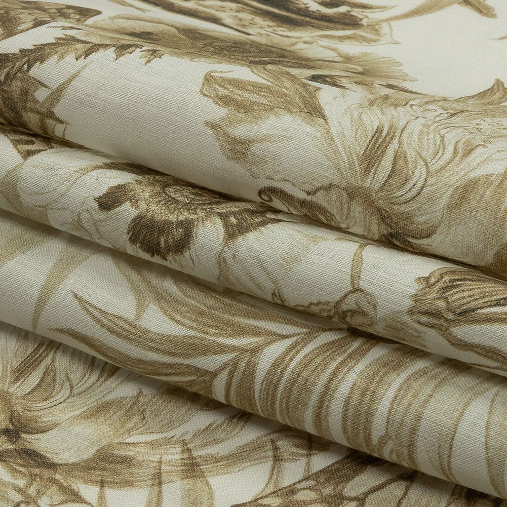Dark Beige and White Butterfly Garden Medium Weight Linen Woven Dark Beige and White Butterfly Garden Medium Weight Linen Woven