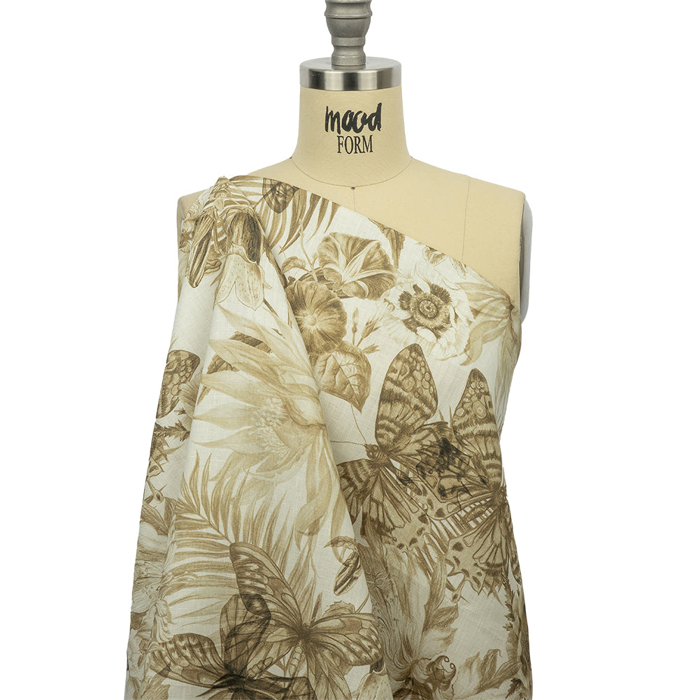 Dark Beige and White Butterfly Garden Medium Weight Linen Woven Dark Beige and White Butterfly Garden Medium Weight Linen Woven