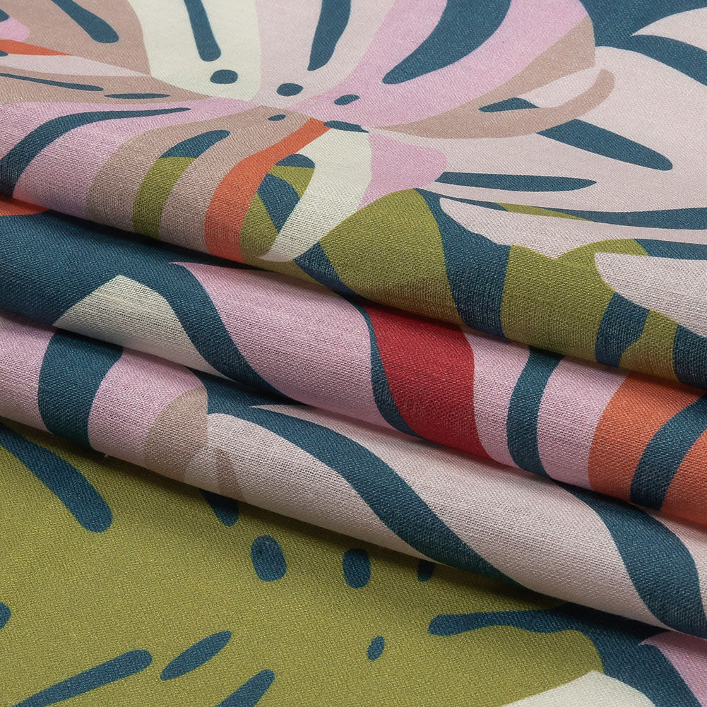 Blush, Lime and Indigo Palm Leaf Pop Medium Weight Linen Woven Blush, Lime and Indigo Palm Leaf Pop Medium Weight Linen Woven