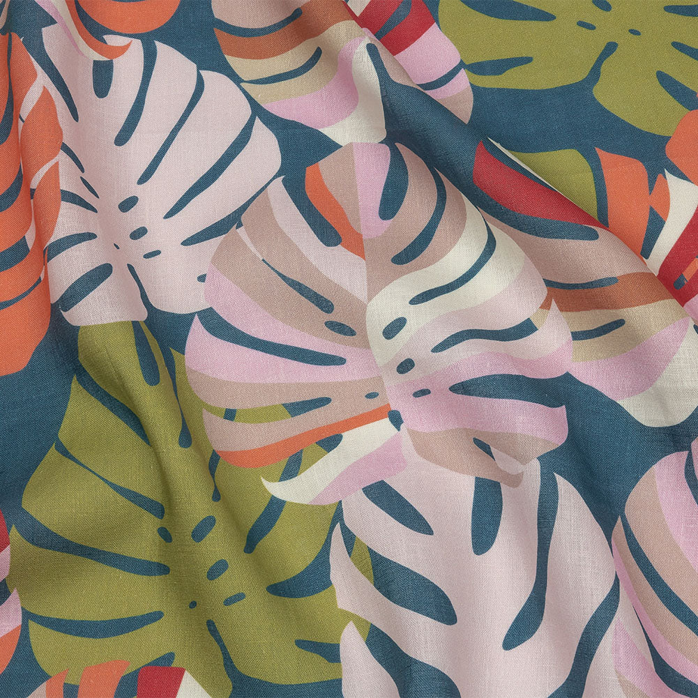 Blush, Lime and Indigo Palm Leaf Pop Medium Weight Linen Woven Blush, Lime and Indigo Palm Leaf Pop Medium Weight Linen Woven