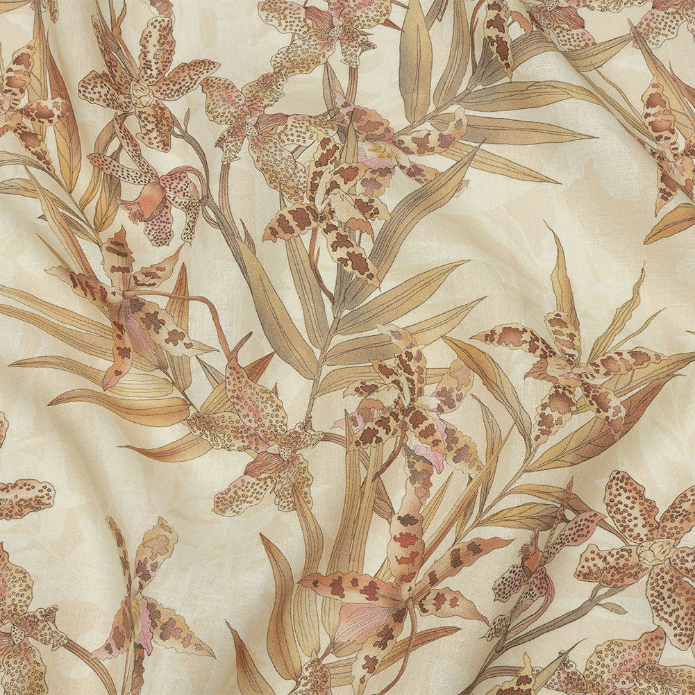 Beige and Pink Spotted Lilies Medium Weight Linen Woven Beige and Pink Spotted Lilies Medium Weight Linen Woven
