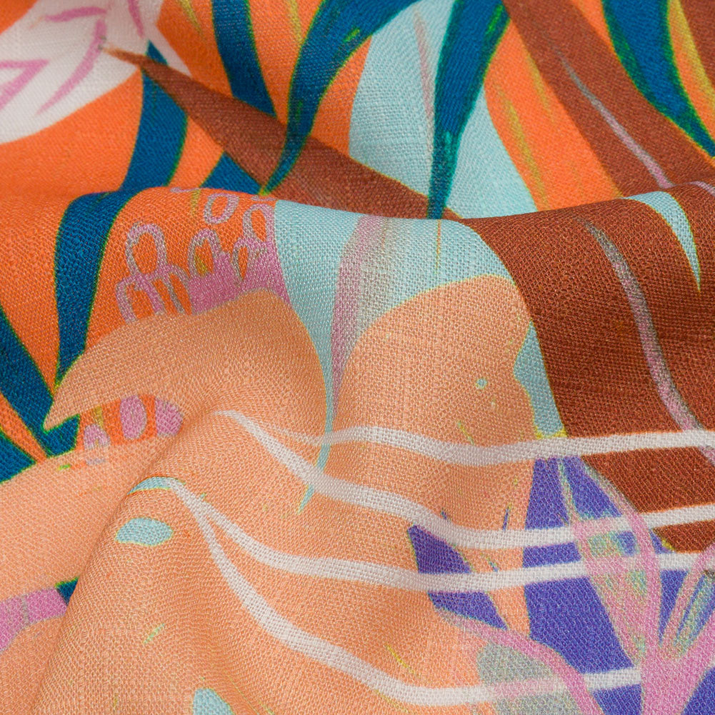 Slubbed Viscose Woven Print - Orange and Blue Leaves - Mood Exclusive Tropical Tango - Detail Slubbed Viscose Woven Print - Orange and Blue Leaves - Mood Exclusive Tropical Tango - Detail