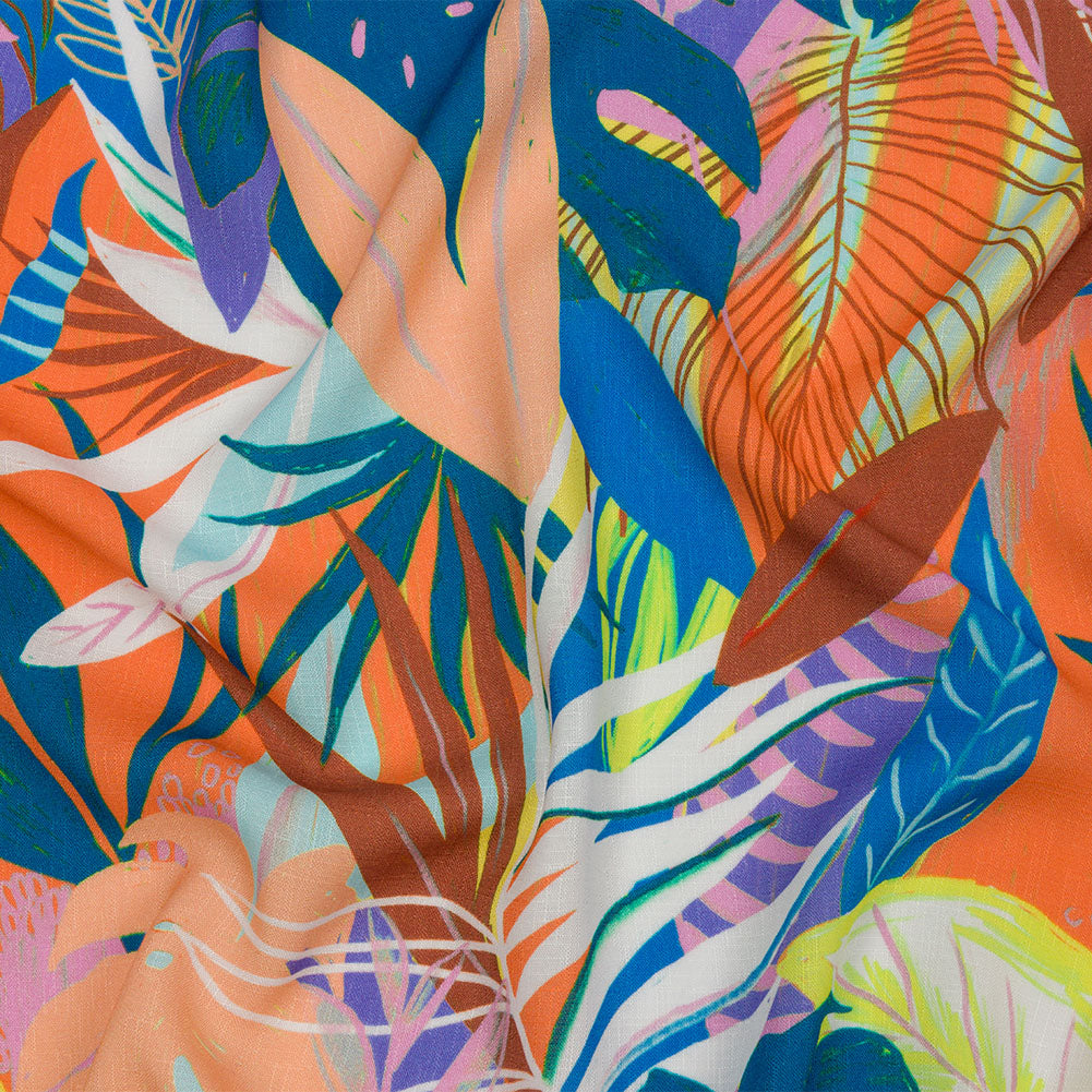 Slubbed Viscose Woven Print - Orange and Blue Leaves - Mood Exclusive Tropical Tango Slubbed Viscose Woven Print - Orange and Blue Leaves - Mood Exclusive Tropical Tango