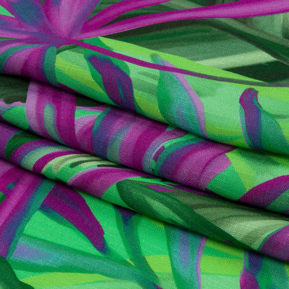 Slubbed Viscose Woven Print - Purple and Green Palm Leaves - Mood Exclusive Foliage Takeover Slubbed Viscose Woven Print - Purple and Green Palm Leaves - Mood Exclusive Foliage Takeover