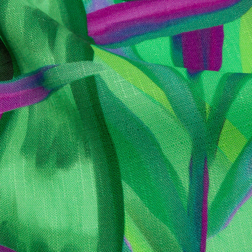 Slubbed Viscose Woven Print - Purple and Green Palm Leaves - Mood Exclusive Foliage Takeover Slubbed Viscose Woven Print - Purple and Green Palm Leaves - Mood Exclusive Foliage Takeover