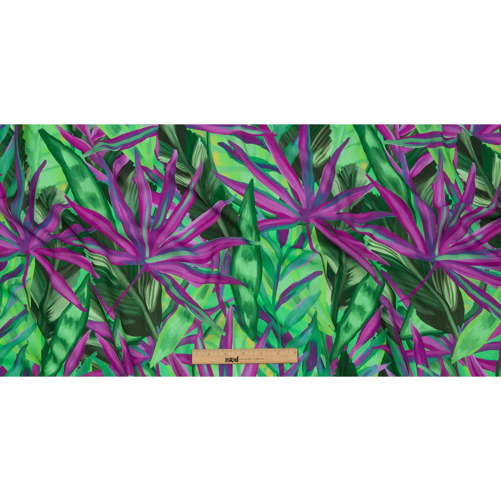 Slubbed Viscose Woven Print - Purple and Green Palm Leaves - Mood Exclusive Foliage Takeover Slubbed Viscose Woven Print - Purple and Green Palm Leaves - Mood Exclusive Foliage Takeover