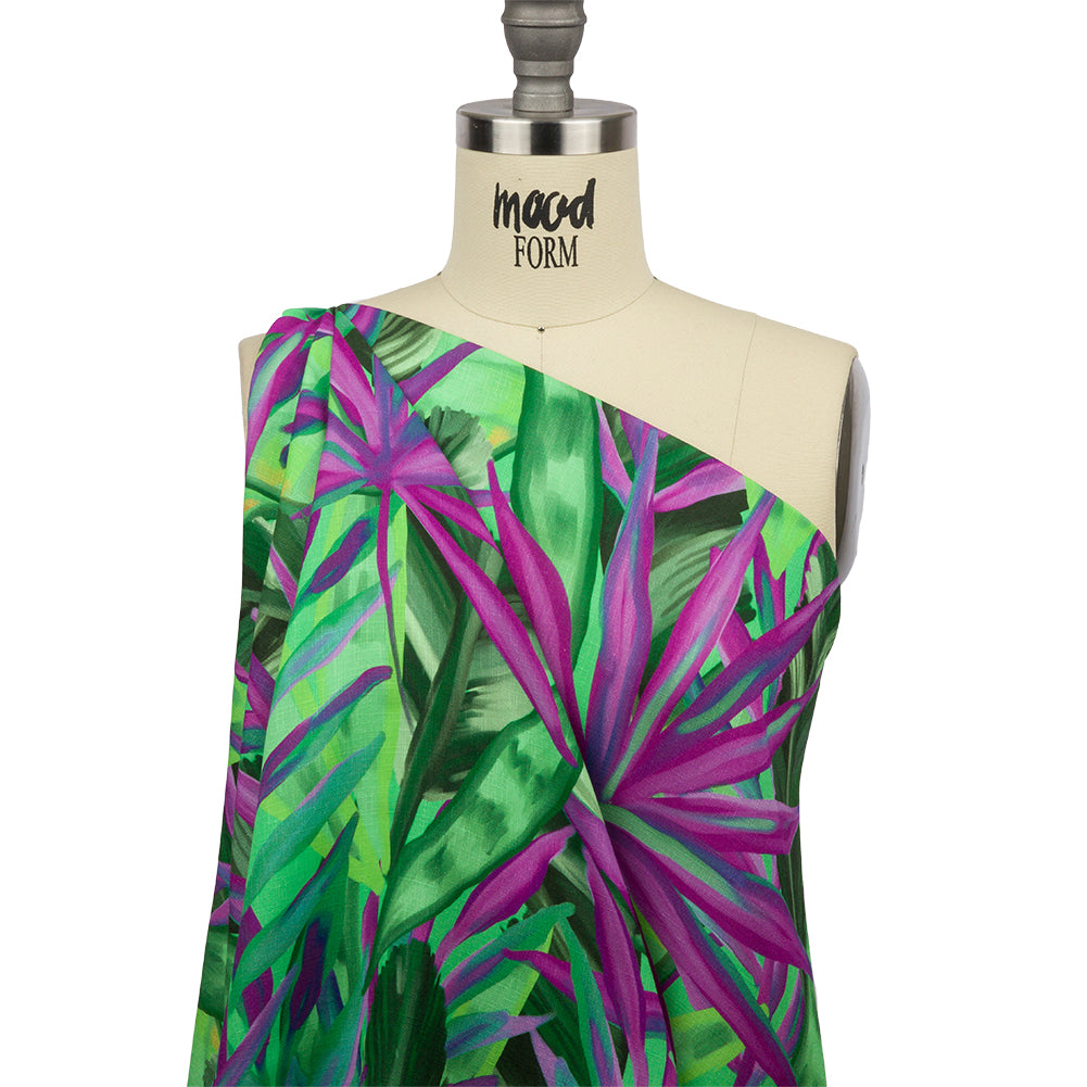 Slubbed Viscose Woven Print - Purple and Green Palm Leaves - Mood Exclusive Foliage Takeover Slubbed Viscose Woven Print - Purple and Green Palm Leaves - Mood Exclusive Foliage Takeover