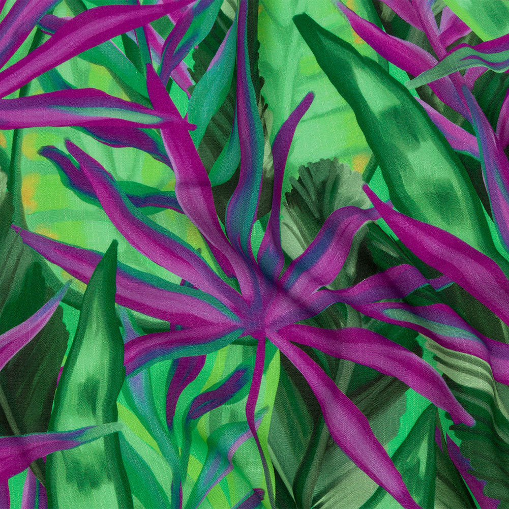 Slubbed Viscose Woven Print - Purple and Green Palm Leaves - Mood Exclusive Foliage Takeover Slubbed Viscose Woven Print - Purple and Green Palm Leaves - Mood Exclusive Foliage Takeover
