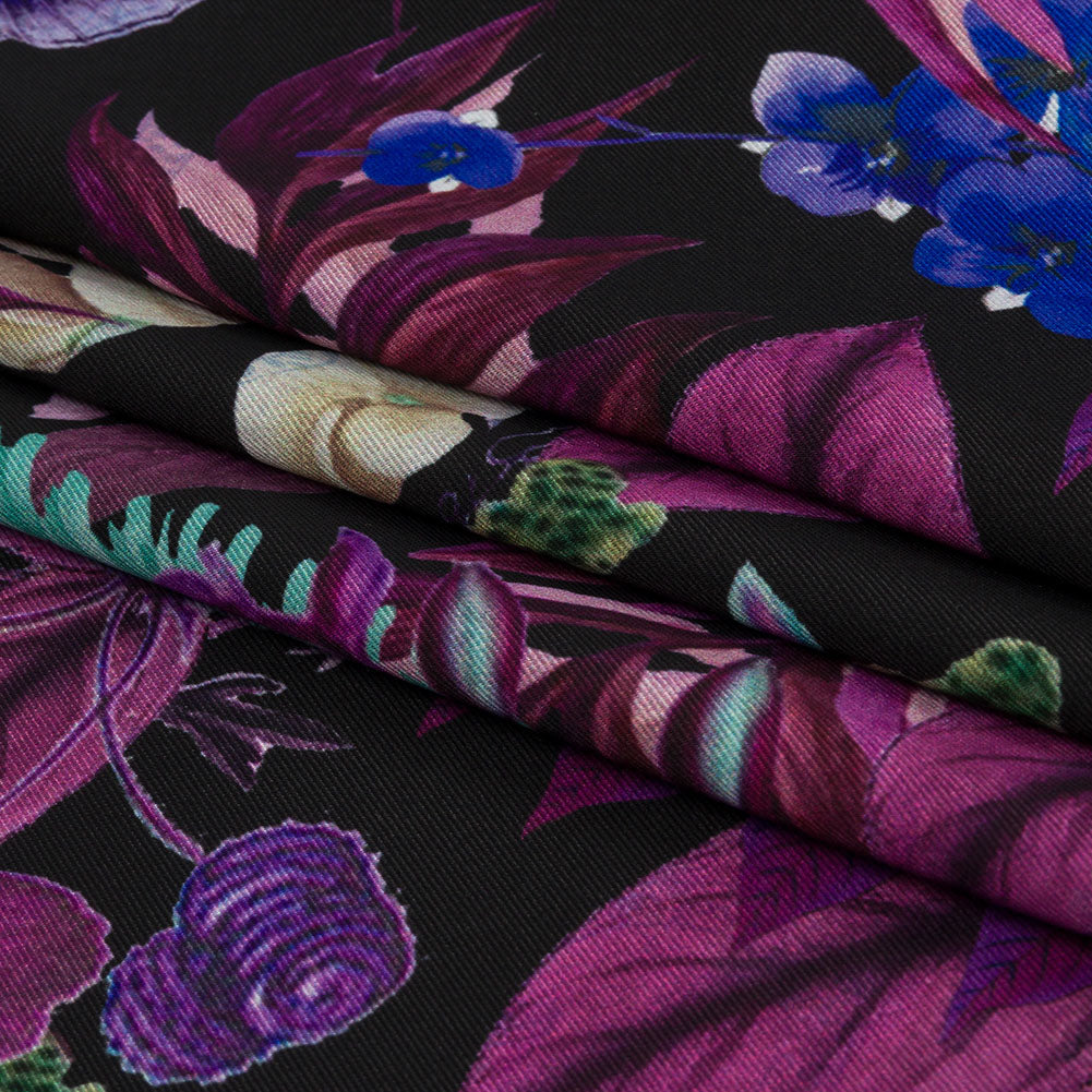 Polyester Twill Print - Black, Purple and Blue Floral - Mood Exclusive Midnight Gardens Polyester Twill Print - Black, Purple and Blue Floral - Mood Exclusive Midnight Gardens