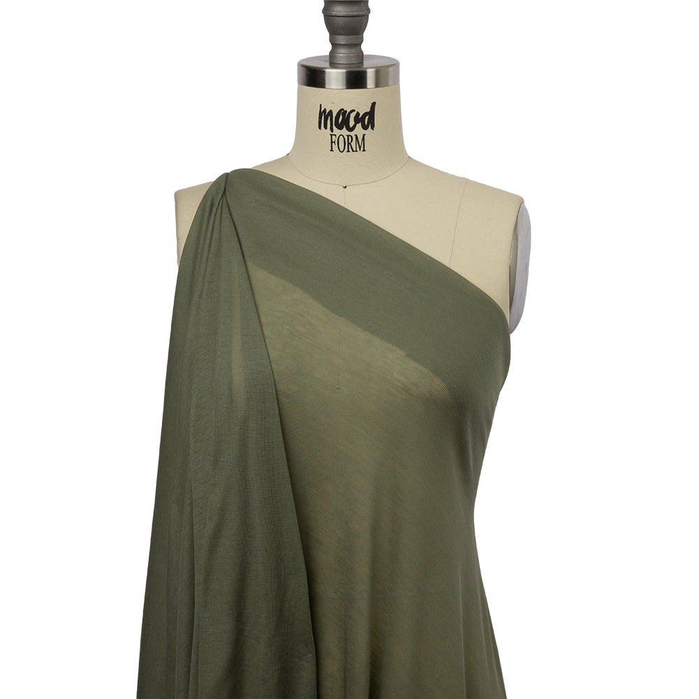 Famous Designer Olive Viscose and Cotton Lightweight Interlock Knit Drape Famous Designer Olive Viscose and Cotton Lightweight Interlock Knit Drape