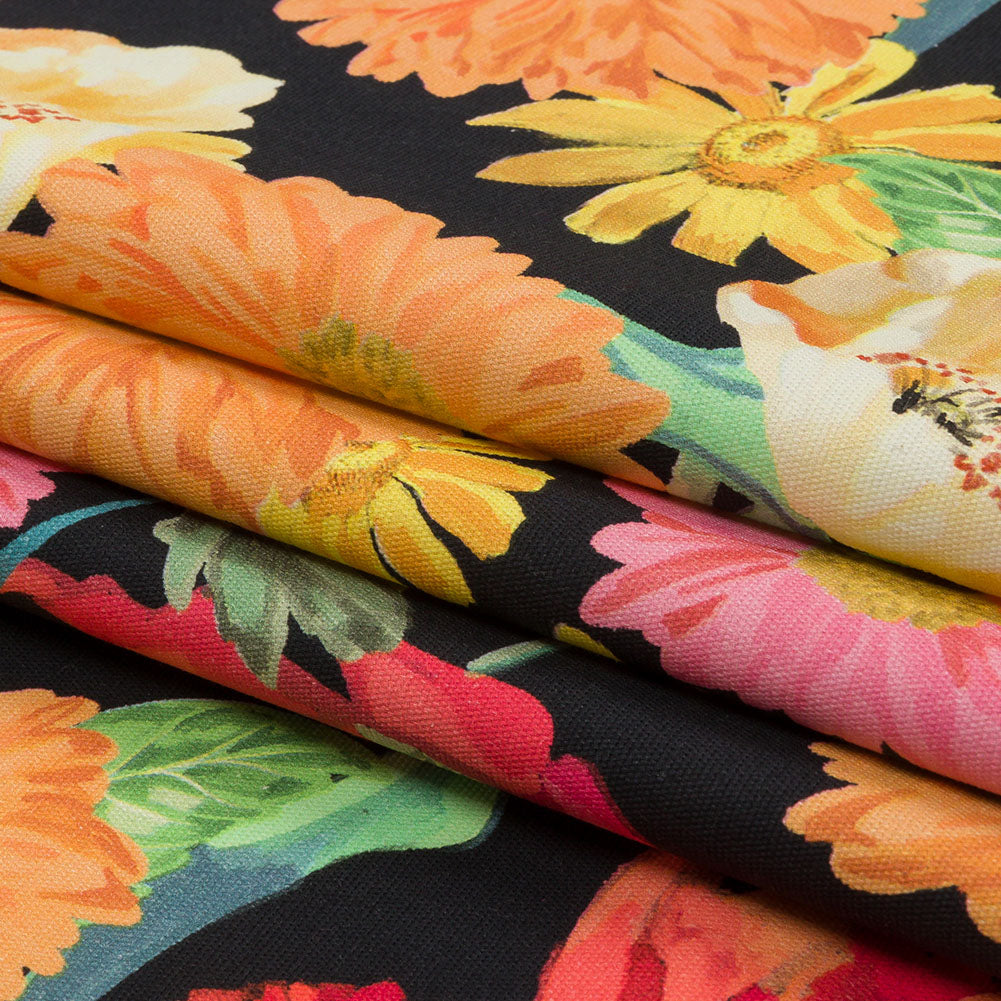 Stretch Cotton Canvas Print - Black, Pink and Orange Floral - Mood Exclusive Garden Glory Folded Stretch Cotton Canvas Print - Black, Pink and Orange Floral - Mood Exclusive Garden Glory Folded