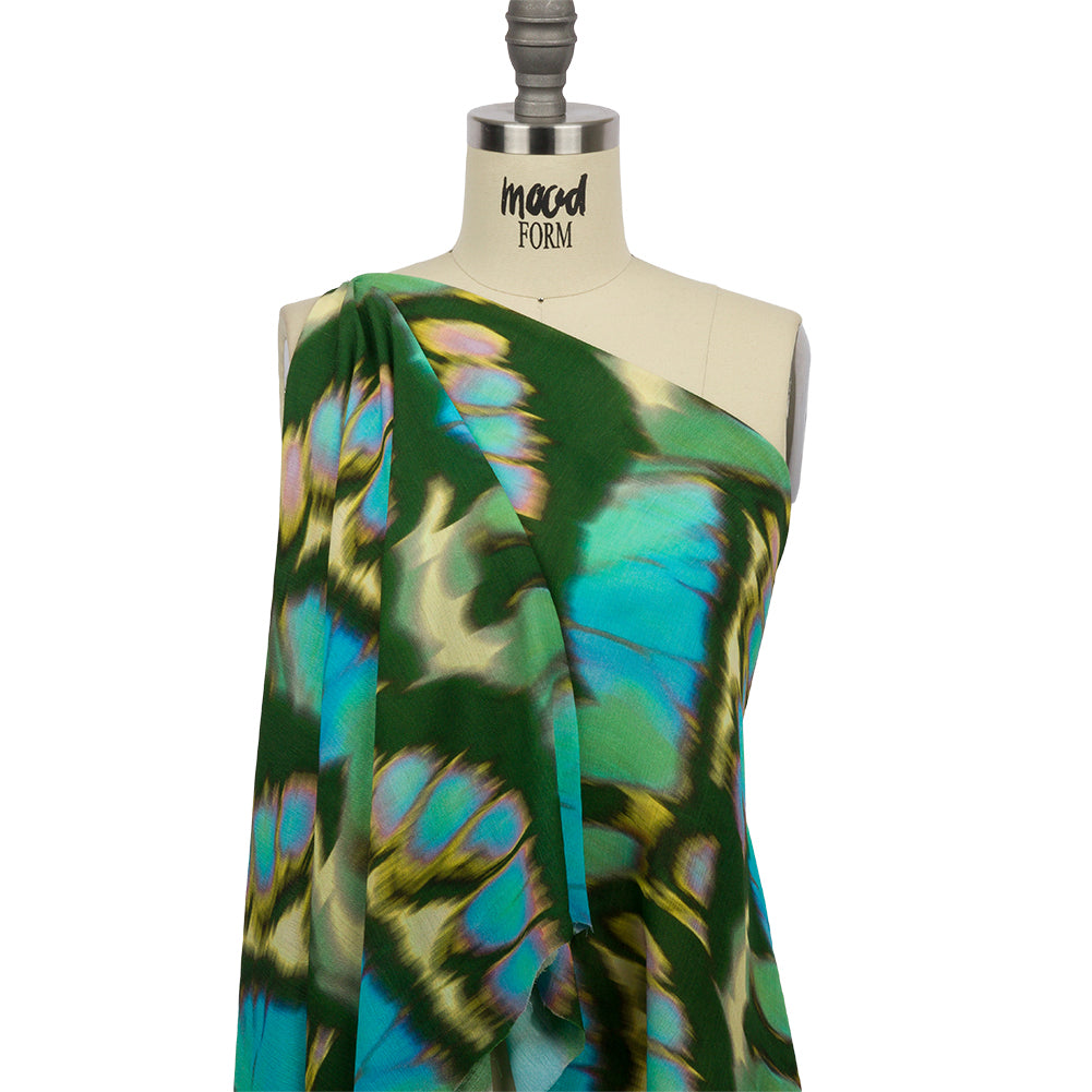 Gauzy Wrinkled Rayon Woven Print - Blue and Green Abstract - Mood Exclusive Butterfly Blur Detail Gauzy Wrinkled Rayon Woven Print - Blue and Green Abstract - Mood Exclusive Butterfly Blur Detail