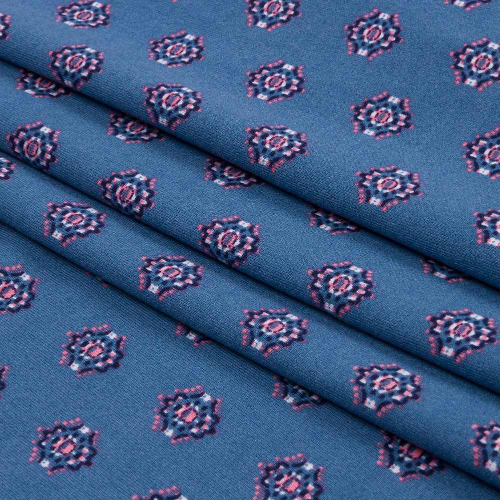 Blue and Pink LIttle Medallions Stretch Polyester ITY Knit Folded Blue and Pink LIttle Medallions Stretch Polyester ITY Knit Folded