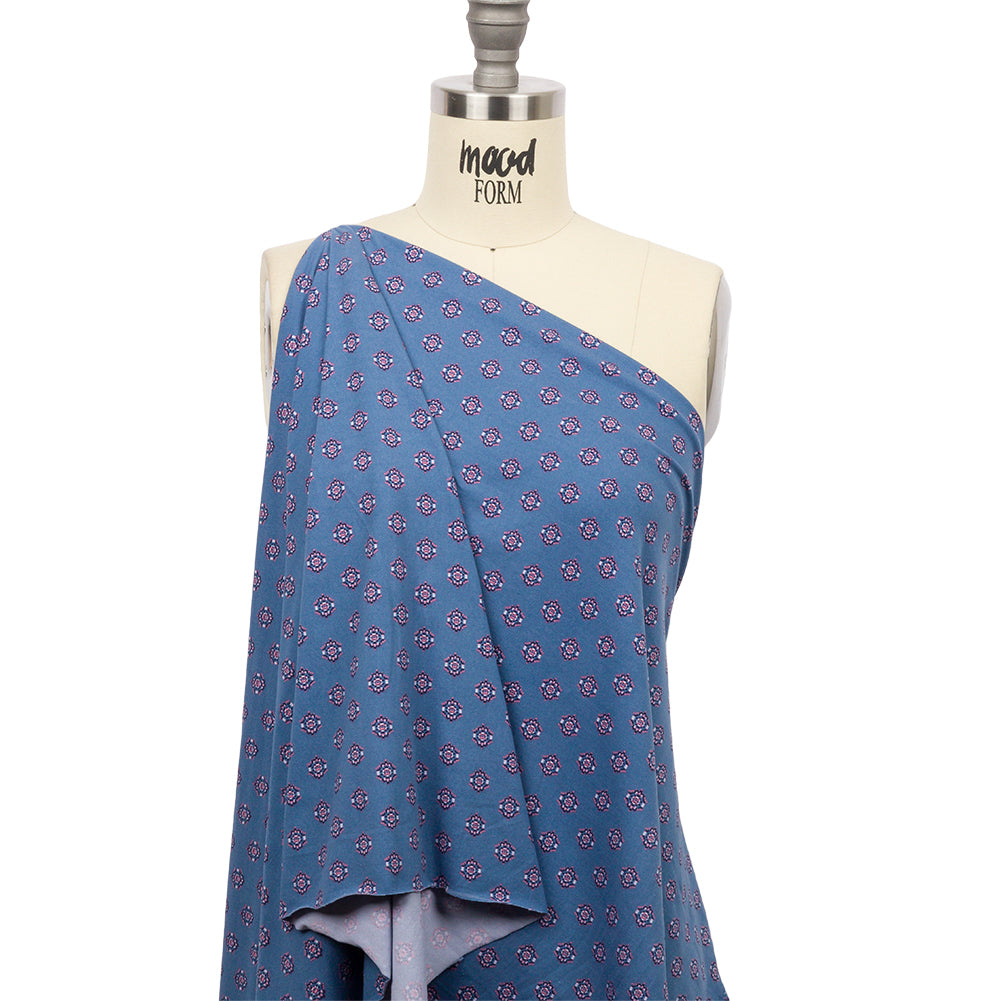 Blue and Pink LIttle Medallions Stretch Polyester ITY Knit Drape Blue and Pink LIttle Medallions Stretch Polyester ITY Knit Drape