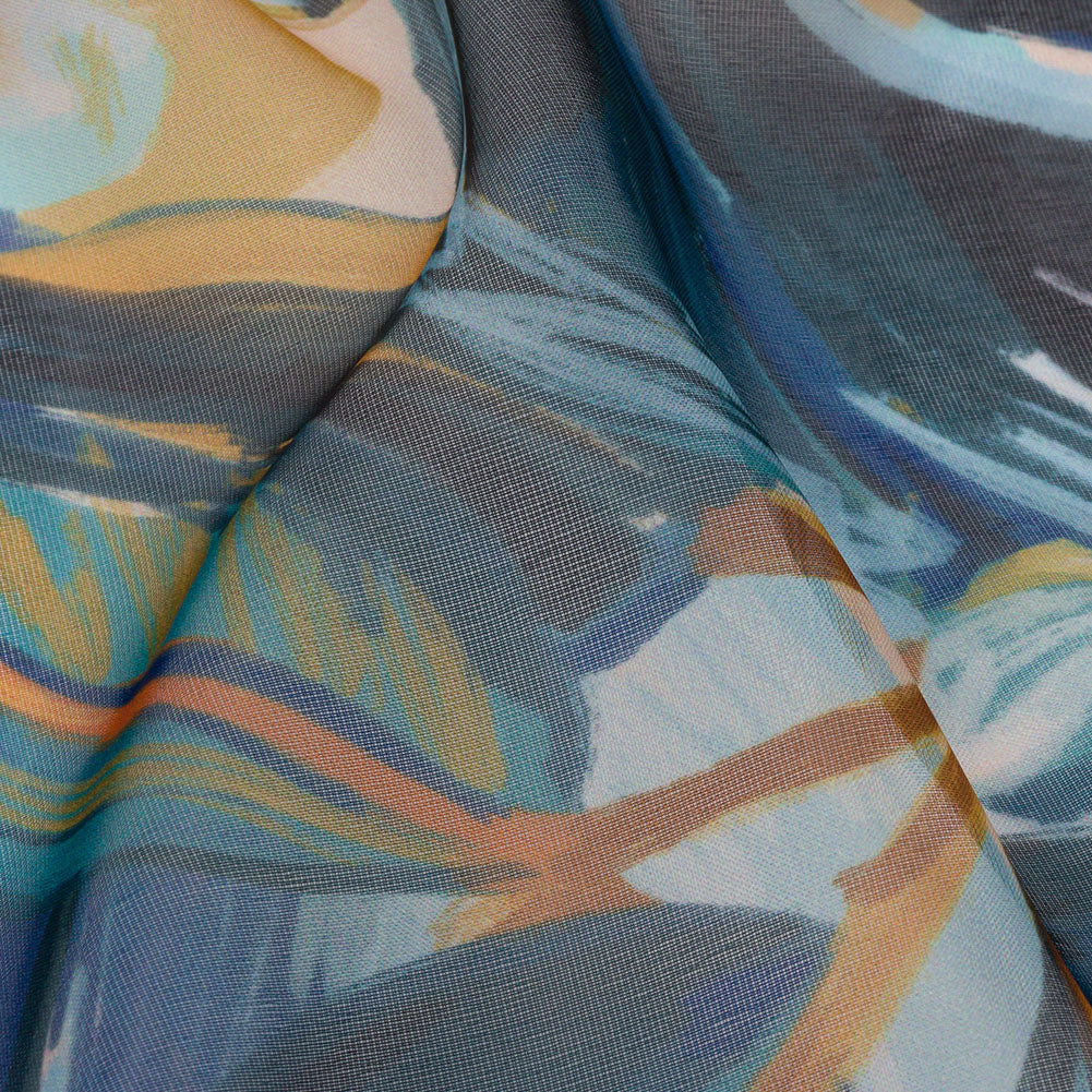 Sheer Polyester Woven Print - Dark Blue and Yellow Painterly Leaves - Mood Exclusive Eye of the Beholder Detail Sheer Polyester Woven Print - Dark Blue and Yellow Painterly Leaves - Mood Exclusive Eye of the Beholder Detail