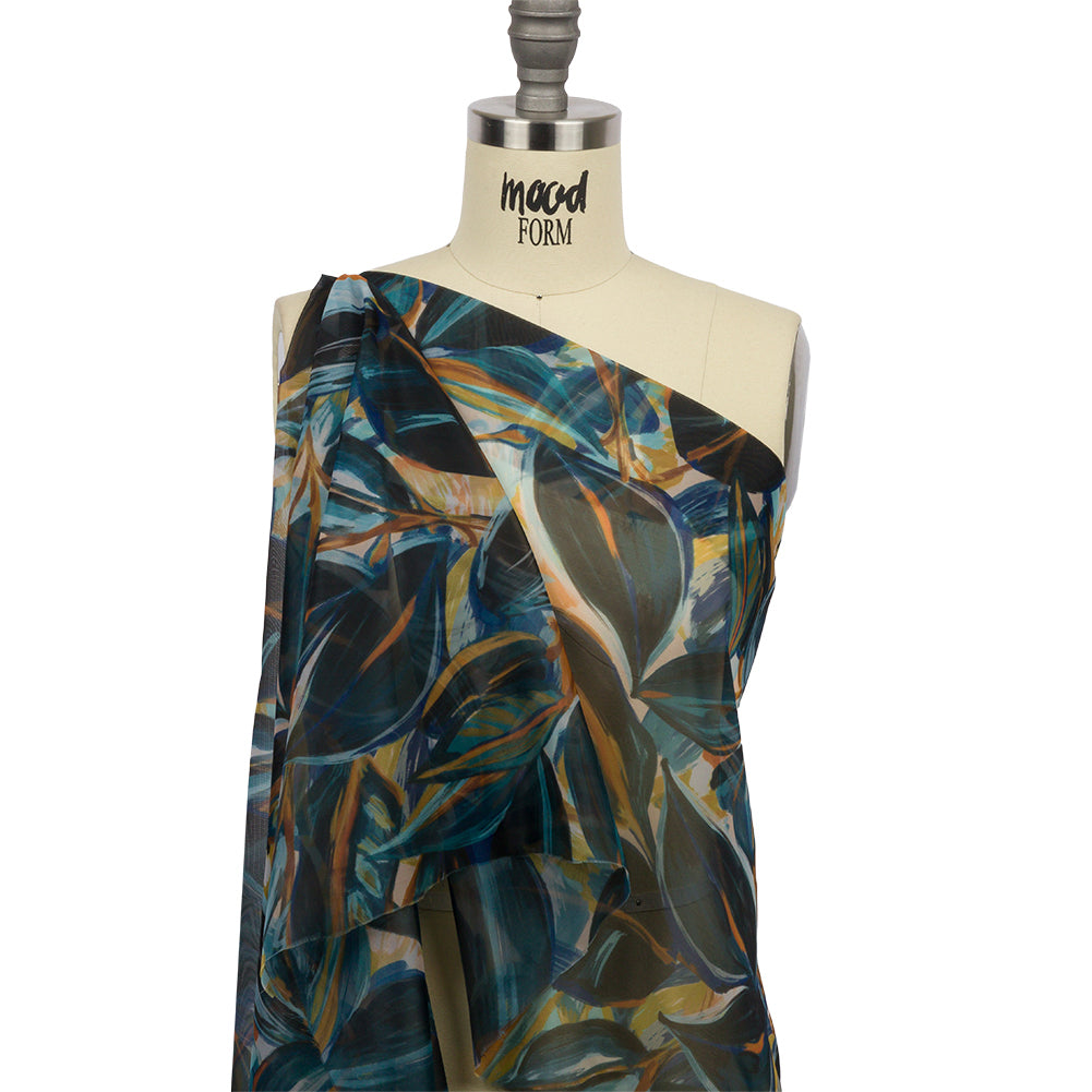 Sheer Polyester Woven Print - Dark Blue and Yellow Painterly Leaves - Mood Exclusive Eye of the Beholder Drape Sheer Polyester Woven Print - Dark Blue and Yellow Painterly Leaves - Mood Exclusive Eye of the Beholder Drape