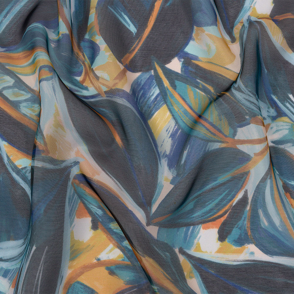 Sheer Polyester Woven Print - Dark Blue and Yellow Painterly Leaves - Mood Exclusive Eye of the Beholder Sheer Polyester Woven Print - Dark Blue and Yellow Painterly Leaves - Mood Exclusive Eye of the Beholder