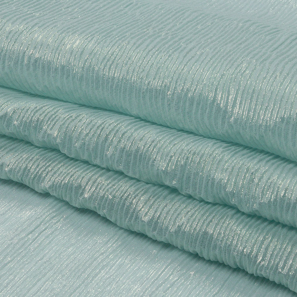 Polyester Chiffon Plisse with All-Over Foil - Baby Blue and Gold - Honey Collection - Folded Polyester Chiffon Plisse with All-Over Foil - Baby Blue and Gold - Honey Collection - Folded