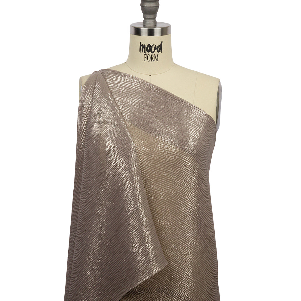 Polyester Chiffon Plisse with All-Over Foil - Taupe and Gold - Honey Collection - Drape Polyester Chiffon Plisse with All-Over Foil - Taupe and Gold - Honey Collection - Drape