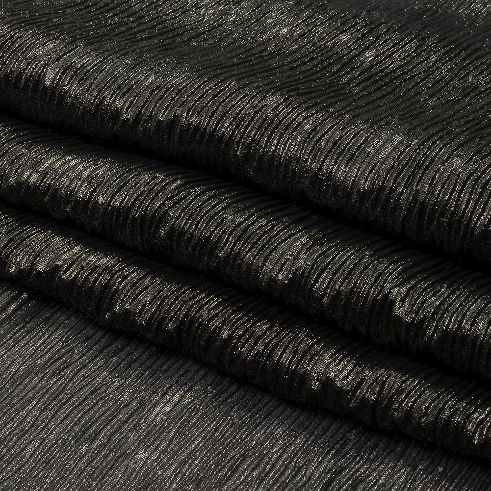 Polyester Chiffon Plisse with All-Over Foil - Black and Gold - Honey Collection Polyester Chiffon Plisse with All-Over Foil - Black and Gold - Honey Collection
