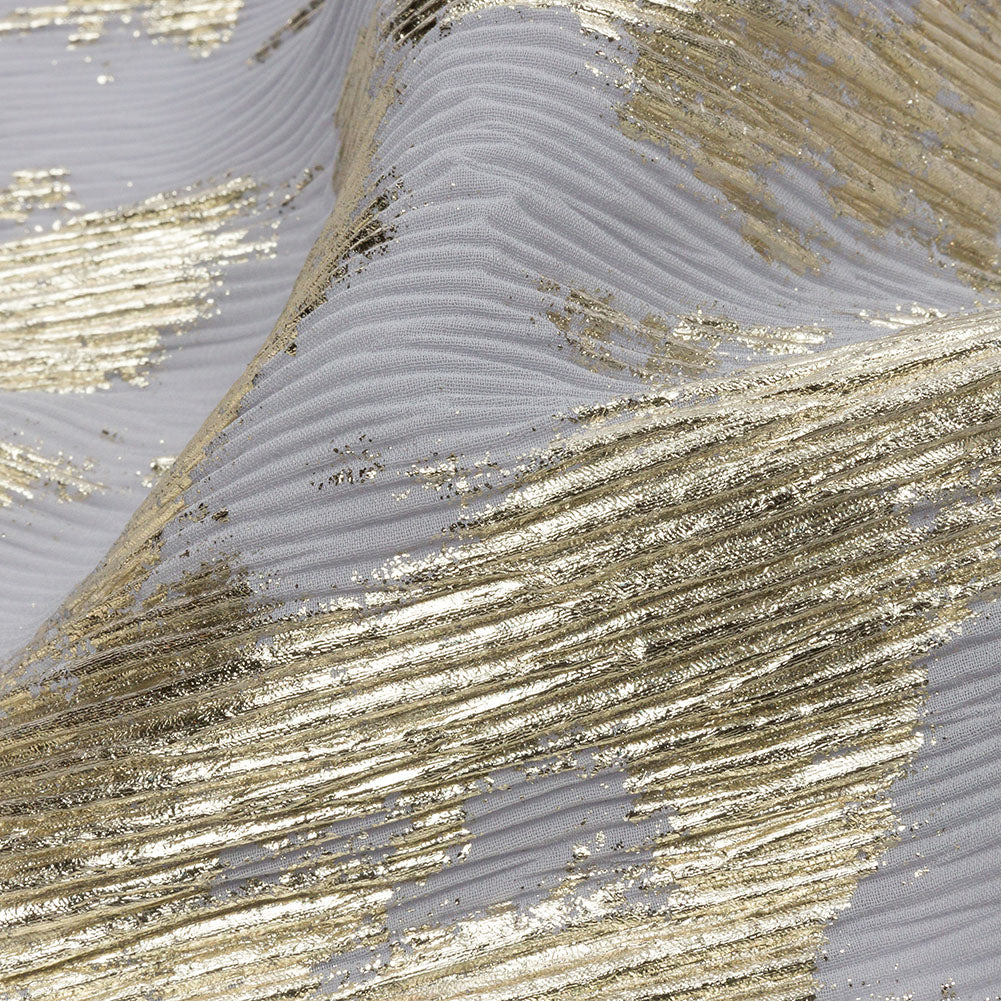 Polyester Chiffon Plisse with Abstract Gold Foiling - Gray - Aralia Collection Polyester Chiffon Plisse with Abstract Gold Foiling - Gray - Aralia Collection