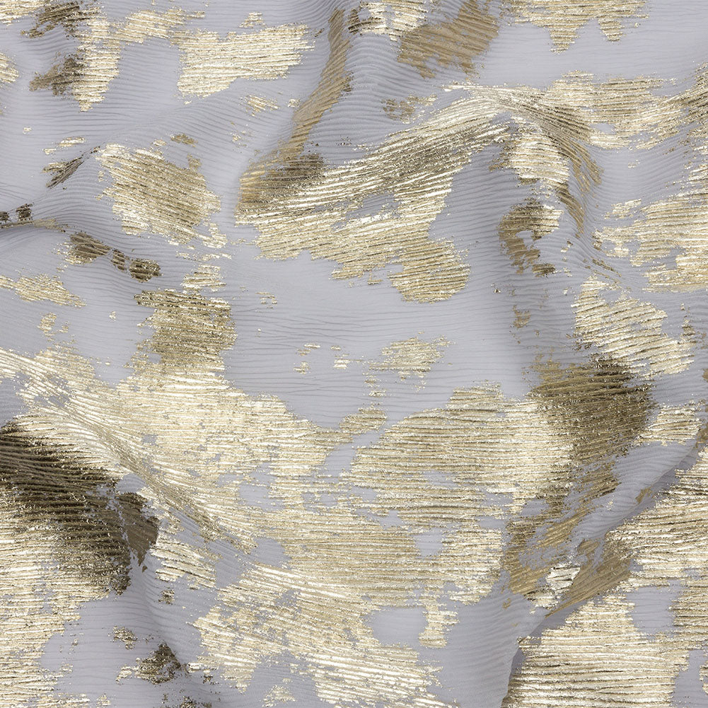 Polyester Chiffon Plisse with Abstract Gold Foiling - Gray - Aralia Collection Polyester Chiffon Plisse with Abstract Gold Foiling - Gray - Aralia Collection