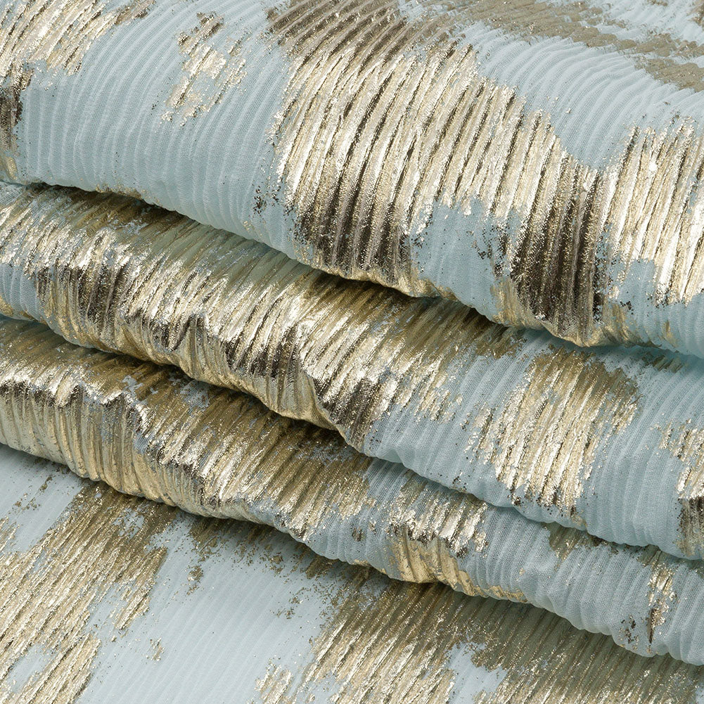 Polyester Chiffon Plisse with Abstract Gold Foiling - Pale Blue - Aralia Collection Polyester Chiffon Plisse with Abstract Gold Foiling - Pale Blue - Aralia Collection