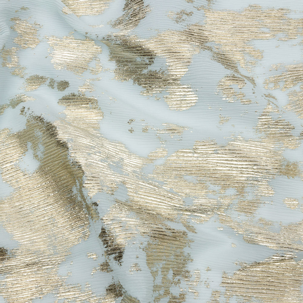 Polyester Chiffon Plisse with Abstract Gold Foiling - Pale Blue - Aralia Collection Polyester Chiffon Plisse with Abstract Gold Foiling - Pale Blue - Aralia Collection