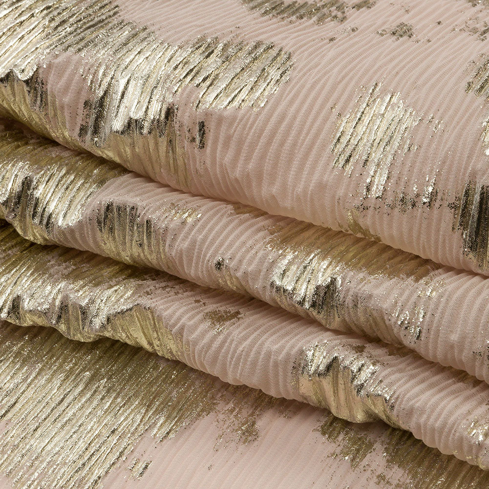 Polyester Chiffon Plisse with Abstract Gold Foiling - Beige - Aralia Collection Polyester Chiffon Plisse with Abstract Gold Foiling - Beige - Aralia Collection