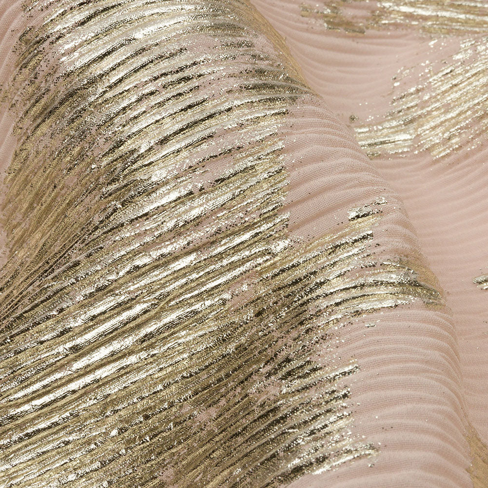 Polyester Chiffon Plisse with Abstract Gold Foiling - Beige - Aralia Collection Polyester Chiffon Plisse with Abstract Gold Foiling - Beige - Aralia Collection