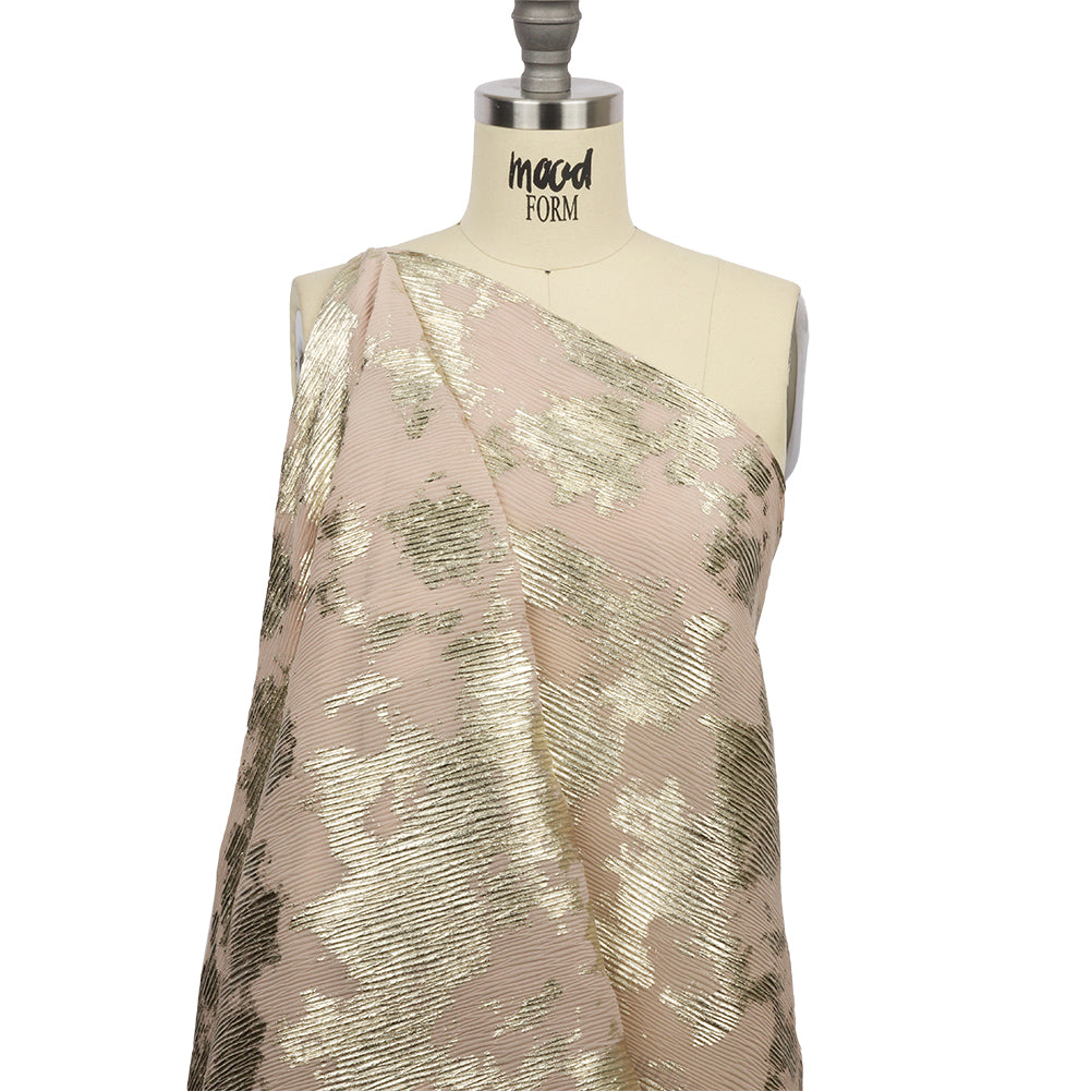 Polyester Chiffon Plisse with Abstract Gold Foiling - Beige - Aralia Collection Polyester Chiffon Plisse with Abstract Gold Foiling - Beige - Aralia Collection