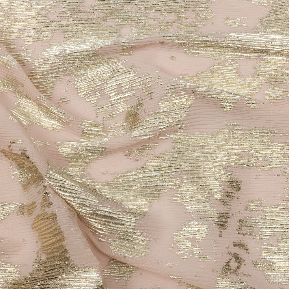 Polyester Chiffon Plisse with Abstract Gold Foiling - Beige - Aralia Collection Polyester Chiffon Plisse with Abstract Gold Foiling - Beige - Aralia Collection