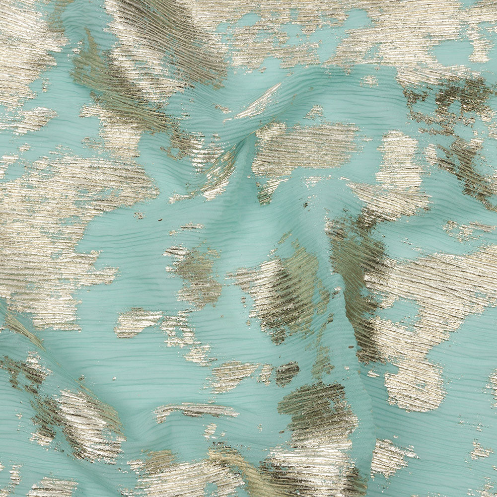Polyester Chiffon Plisse with Abstract Gold Foiling - Mint - Aralia Collection Polyester Chiffon Plisse with Abstract Gold Foiling - Mint - Aralia Collection